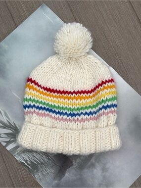 The Blueberry Hill Rainbow Stripe Beanie Hat Pom-Pom In Cream Size M